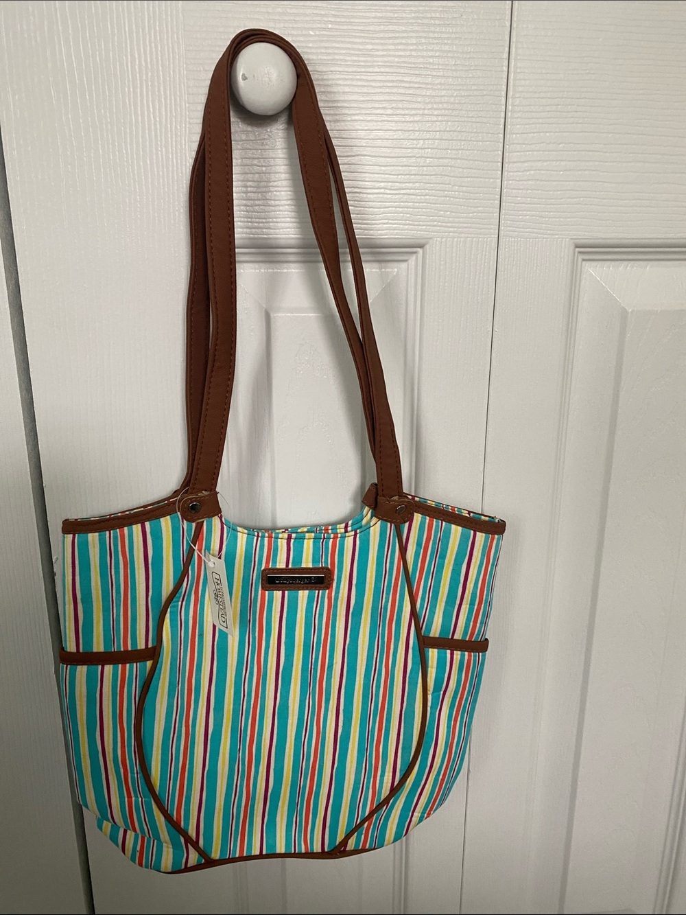 Longaberger Multicolor Striped Canvas Tote with Brown Trim